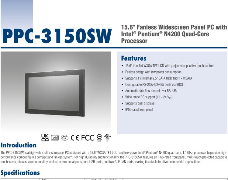 研華PPC-3150SW 15.6" 寬屏無風(fēng)扇工業(yè)平板電腦，搭載 Intel? Pentium? N4200 四核心處理器