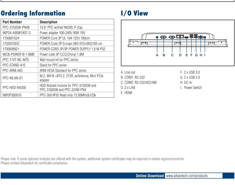 研華PPC-3150SW 15.6" 寬屏無風(fēng)扇工業(yè)平板電腦，搭載 Intel? Pentium? N4200 四核心處理器