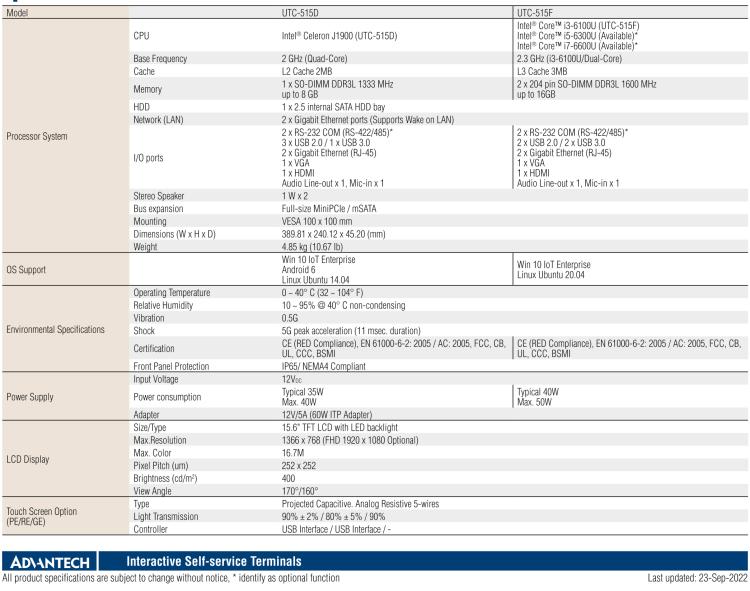 研華UTC-515F 15.6" 多功能觸控一體機(jī)，內(nèi)置Intel? Skylake Core? i3-6100U處理器