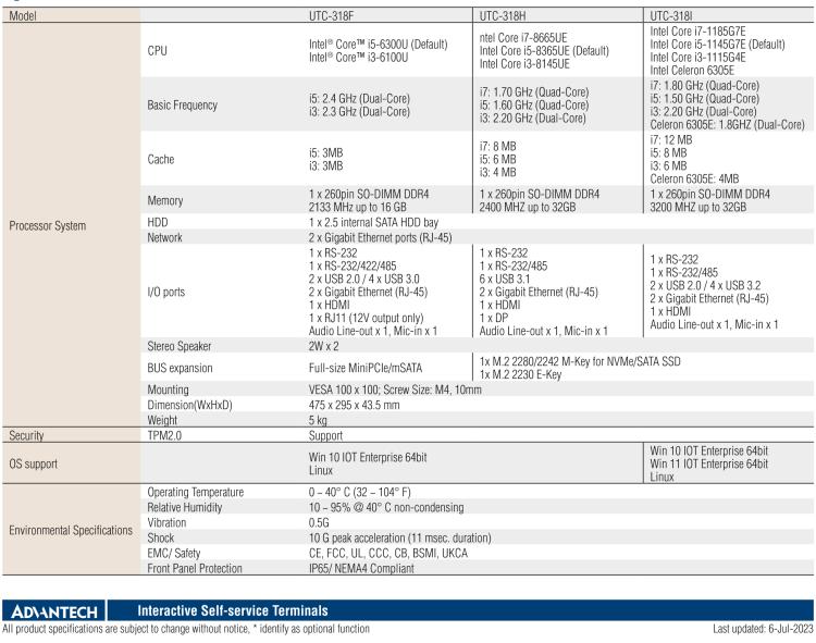 研華UTC-318H 18.5" 多功能觸控一體機(jī)，內(nèi)置 Intel? Core? i5-8365UE / Core? i3-8145UE