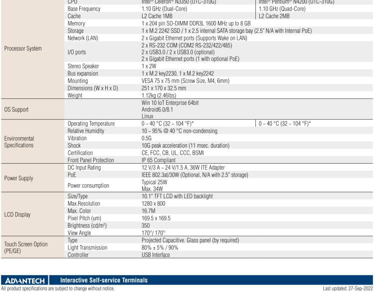 研華UTC-310G 10.1" 多功能觸控一體機(jī)，Intel? Celeron? N3350/Pentium? N4200 處理器