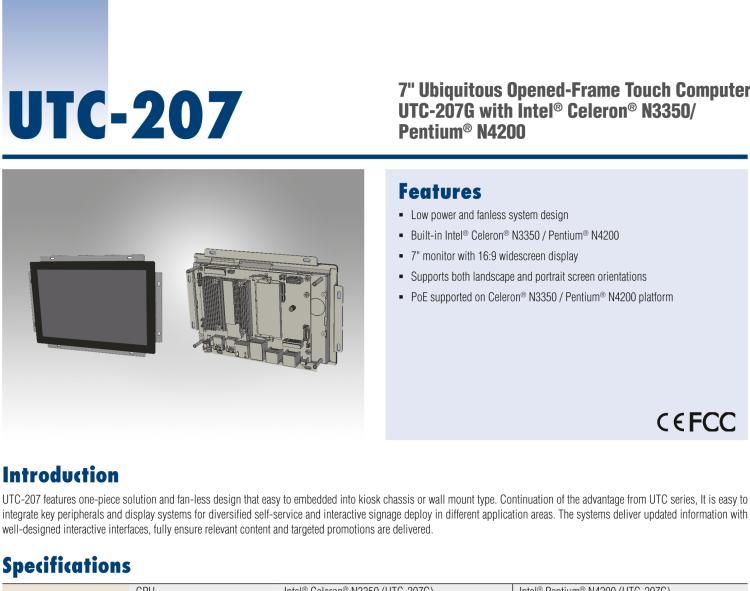 研華UTC-207G 7" Open Frame Panel PC with Intel? Celeron? N3350/ Pentium? N4200