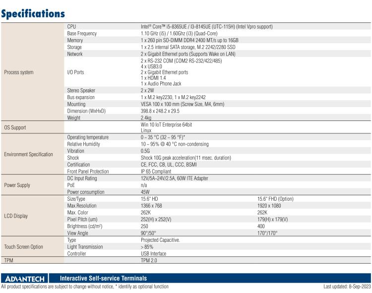 研華UTC-115H 15.6" 多功能觸控一體機(jī)，搭載 Intel? Core? i5-8365UE