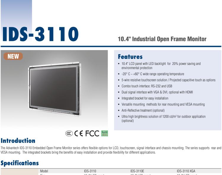 研華IDS-3110 10.4" 800 x 600, VGA/DVI雙信號(hào)接口, 超薄觸摸屏, 開放式顯示器