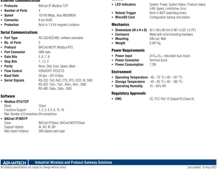 研華EKI-1242IBNMS Modbus RTU/TCP to BACnet IP/MSTP Fieldbus Gateway, Wide Temperature