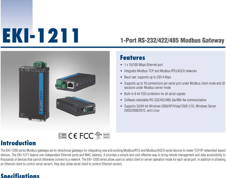 研華EKI-1211 單口RS-232/422/485 Modbus網(wǎng)關(guān)