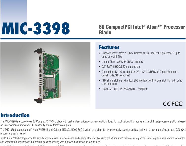 研華MIC-3398 基于Intel?Atom?處理器6U CompactPCI 刀片計算機(jī)