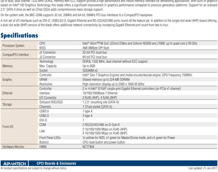 研華MIC-3398 基于Intel?Atom?處理器6U CompactPCI 刀片計算機(jī)