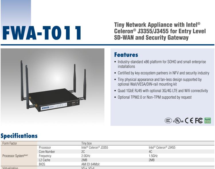 研華FWA-T011 基于Intel? Celeron? N3350/J3455 入門級SD-WAN，安全網(wǎng)關(guān)微型網(wǎng)絡應用平臺