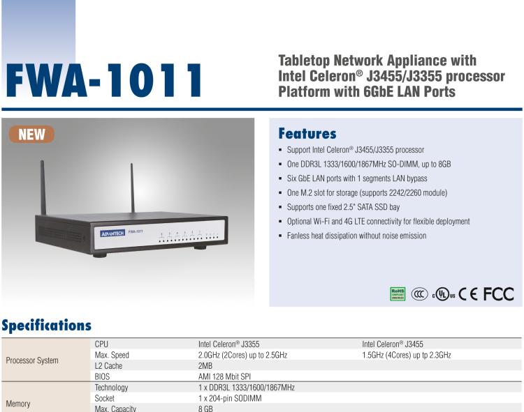 研華FWA-1011 基于Intel Celeron?J3455/J3355處理器平臺(tái)和6GbE LAN端口的桌面網(wǎng)絡(luò)應(yīng)用平臺(tái)