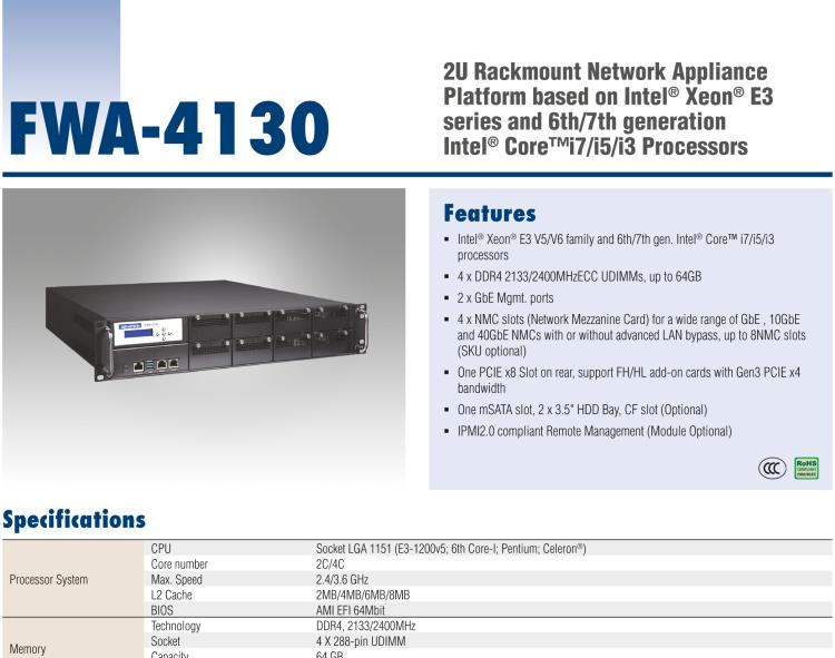 研華FWA-4130 基于第六代/第七代Intel?Xeon?E3和 Intel?core?i7 / i5 / i3系列處理器 2U機(jī)架式網(wǎng)絡(luò)應(yīng)用平臺