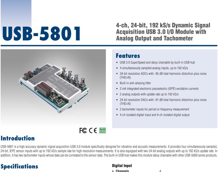 研華USB-5801 4路，24位，192 kS / s的動(dòng)態(tài)信號(hào)采集USB 3.0 I / O模塊使用模擬輸出和轉(zhuǎn)速計(jì)