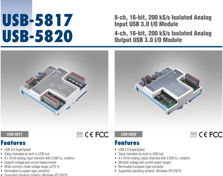 研華USB-5817 8通道，16位，200 kS / s隔離模擬輸入USB 3.0 I / O模塊