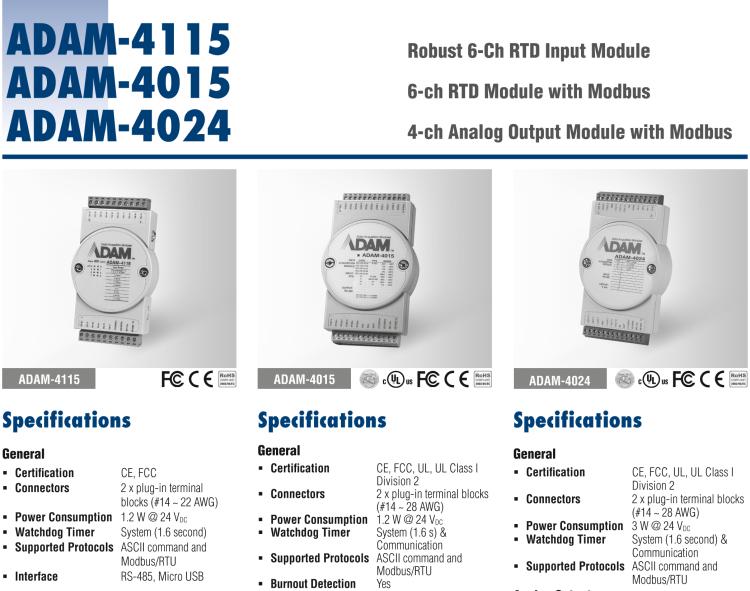 研華ADAM-4115-B ADAM-4115 6 通道 RTD 輸入模塊可接受多種 RTD 傳感器類型，包括 Pt100、Pt1000、Ni50、Ni508 和 Balco 500 系列