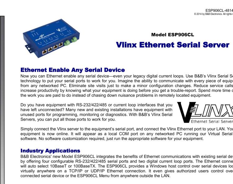 研華BB-ESP906CL Serial Device Server, 4 x RJ45 RS-232/422/485, 2 x RJ45 Current Loop