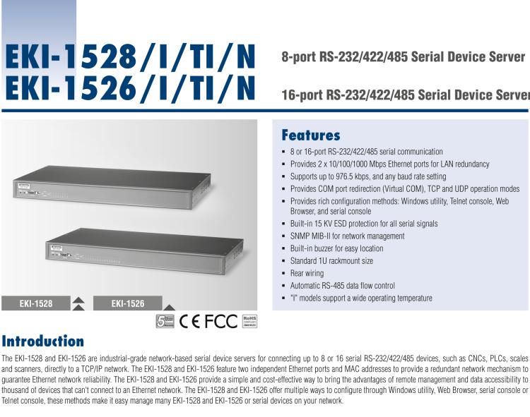 研華EKI-1526T 16端口RS-232/422/485串口設(shè)備聯(lián)網(wǎng)服務(wù)器 w/ DC 輸入