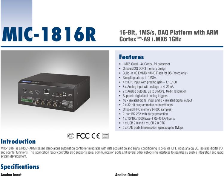 研華MIC-1816R 帶有ARM Cortex?-A9 i.MX6 1GHz的16位，1MS/s DAQ平臺