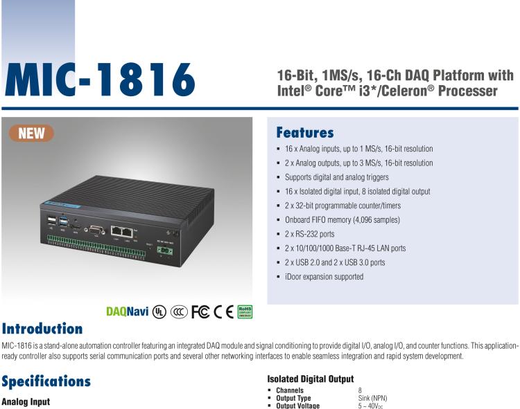 研華MIC-1816 具有Core?i3 /Celeron?處理器的16位，1 MS / s，16通道DAQ平臺