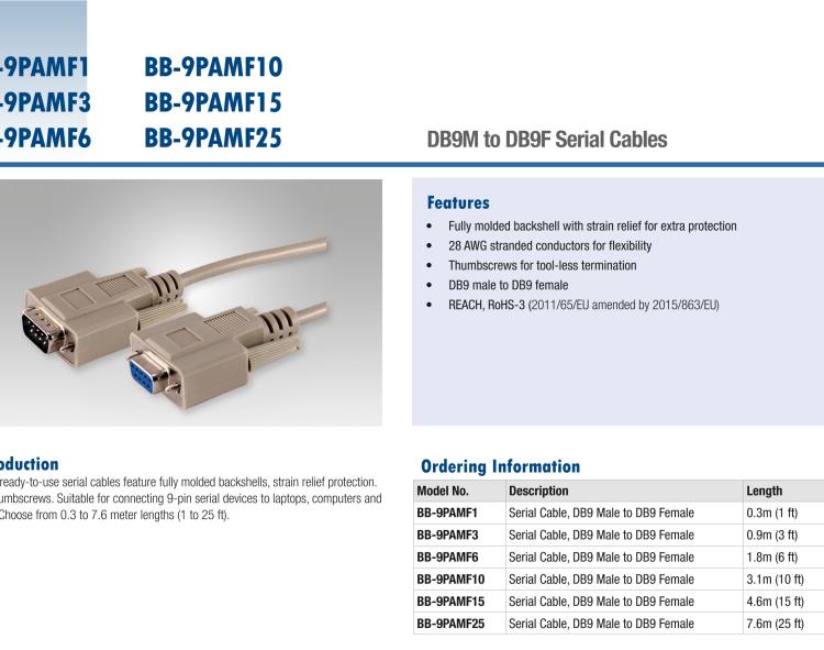 研華BB-9PAMF25 Serial Cable, RS-232 DB9 M to DB9 F, 7.6 m / 25 ft