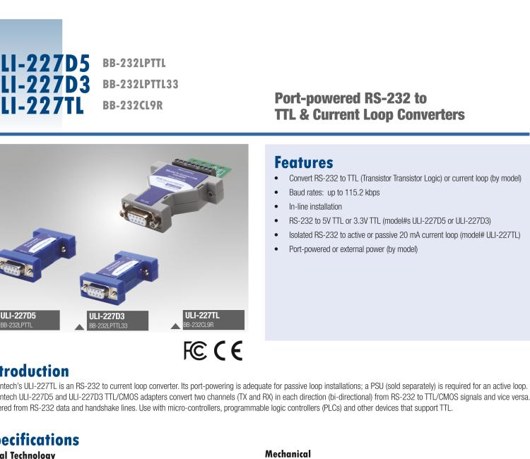 研華BB-232LPTTL33 ULI-227D3 RS-232（DB9母頭）至3.3V TTL（DB9公頭）轉(zhuǎn)換器，端口供電