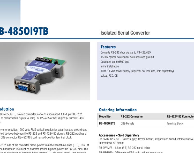 研華BB-485OI9TB 串口轉(zhuǎn)換器，RS-233 DB9母頭至RS-422/485 TB