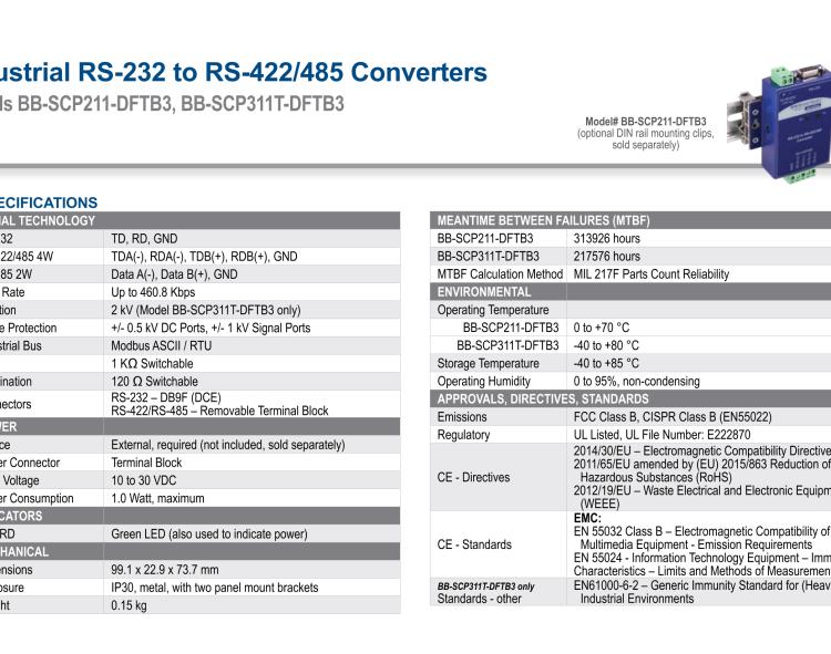 研華BB-SCP311T-DFTB3 ULI-224THC 寬溫度范圍、隔離式、RS-232 至 422/485 轉換器