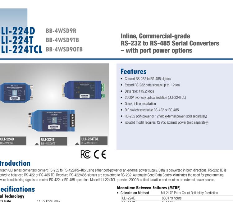 研華BB-485BAT3 ULI-224TB RS-232（DB9母頭至RS-422/485（接線端子）轉(zhuǎn)換器，電池供電