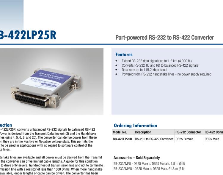 研華BB-422LP25R 串口轉(zhuǎn)換器，RS-232 DB-25 F至RS-422 DB25 M，端口供電