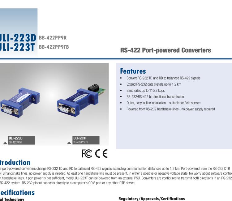 研華BB-422PP9TB ULI-223T RS-232（DB9母頭）至RS-422（接線端子）轉(zhuǎn)換器，端口供電