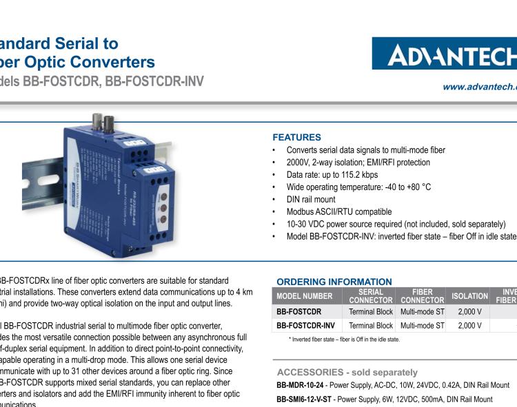 研華BB-FOSTCDR-INV 串口轉(zhuǎn)換器，RS-232/422/485 TB至MM光纖ST（反向），工業(yè)DIN