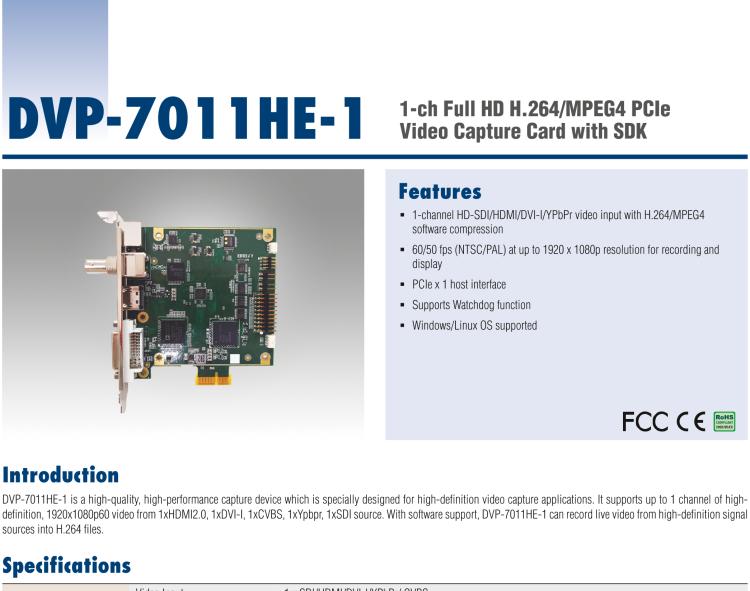 研華DVP-7011HE-1 1-ch Full HD H.264/MPEG4 PCIe Video Capture Card with SDK